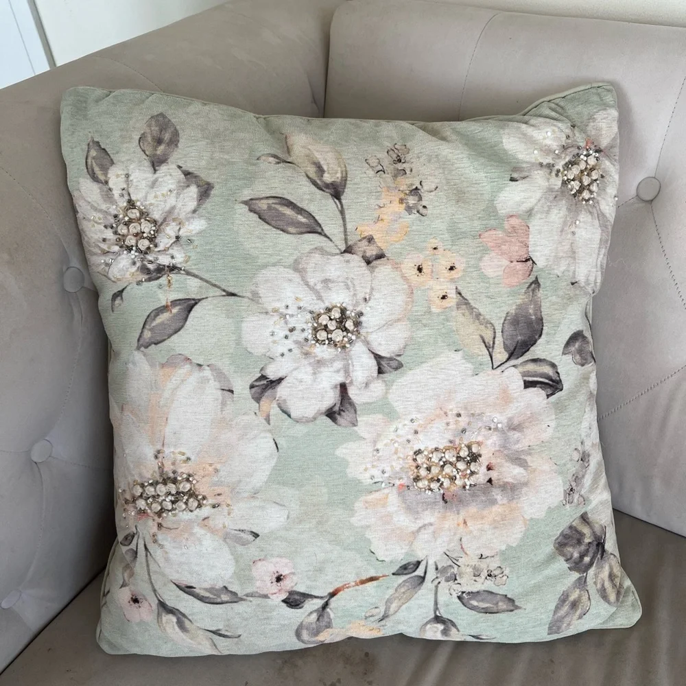 Floral Accent Pillow - Green and Cream